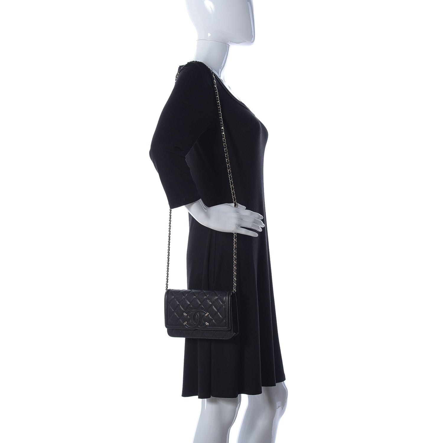 Chanel Caviar Quilted CC Filigree Wallet On Chain WOC Black 2 of 13