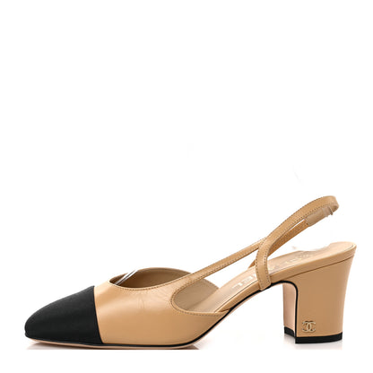Chanel Goatskin Grosgrain Cap Toe CC Slingback Pumps 37.5 Beige Black 1 of 9