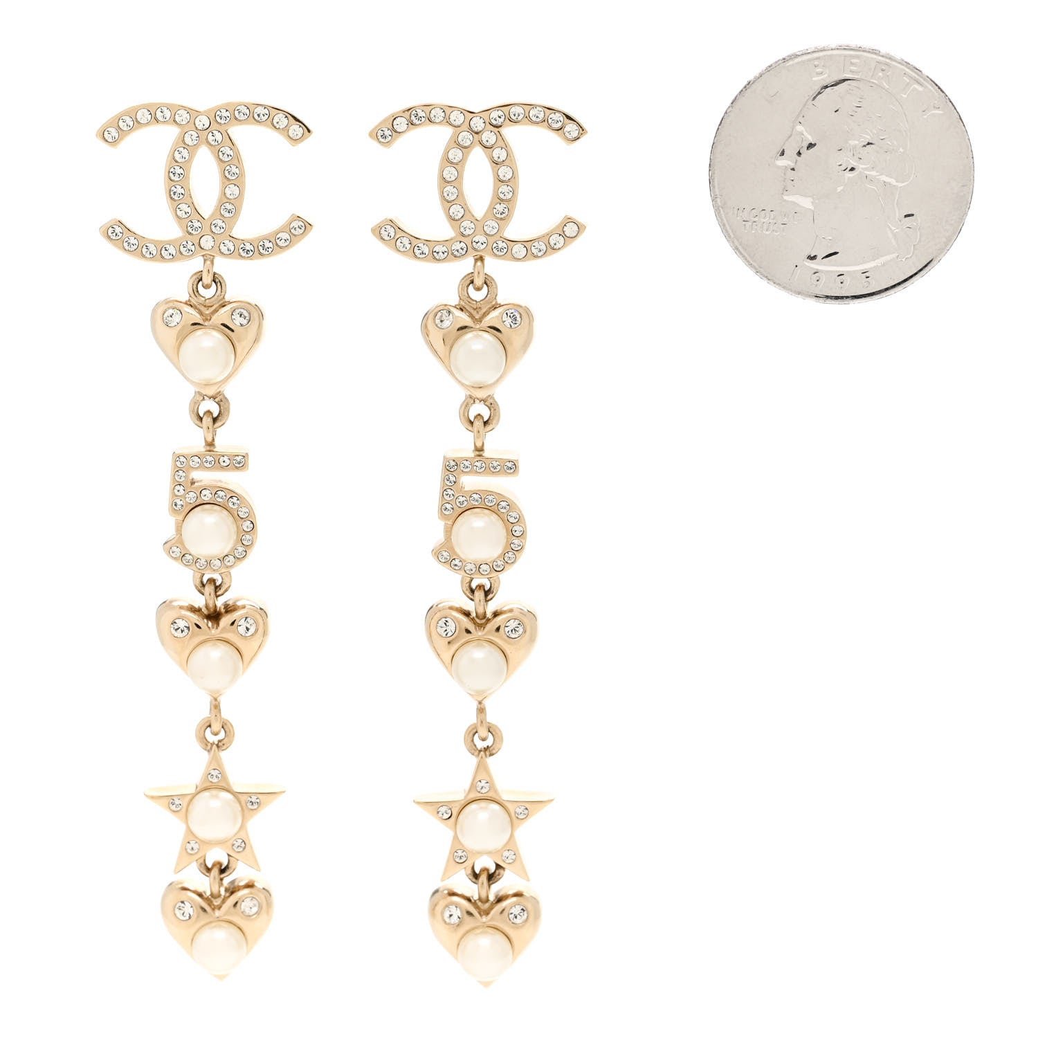 Chanel Crystal Pearl Charming Winter CC Star Heart Drop Earrings Gold 2 of 4
