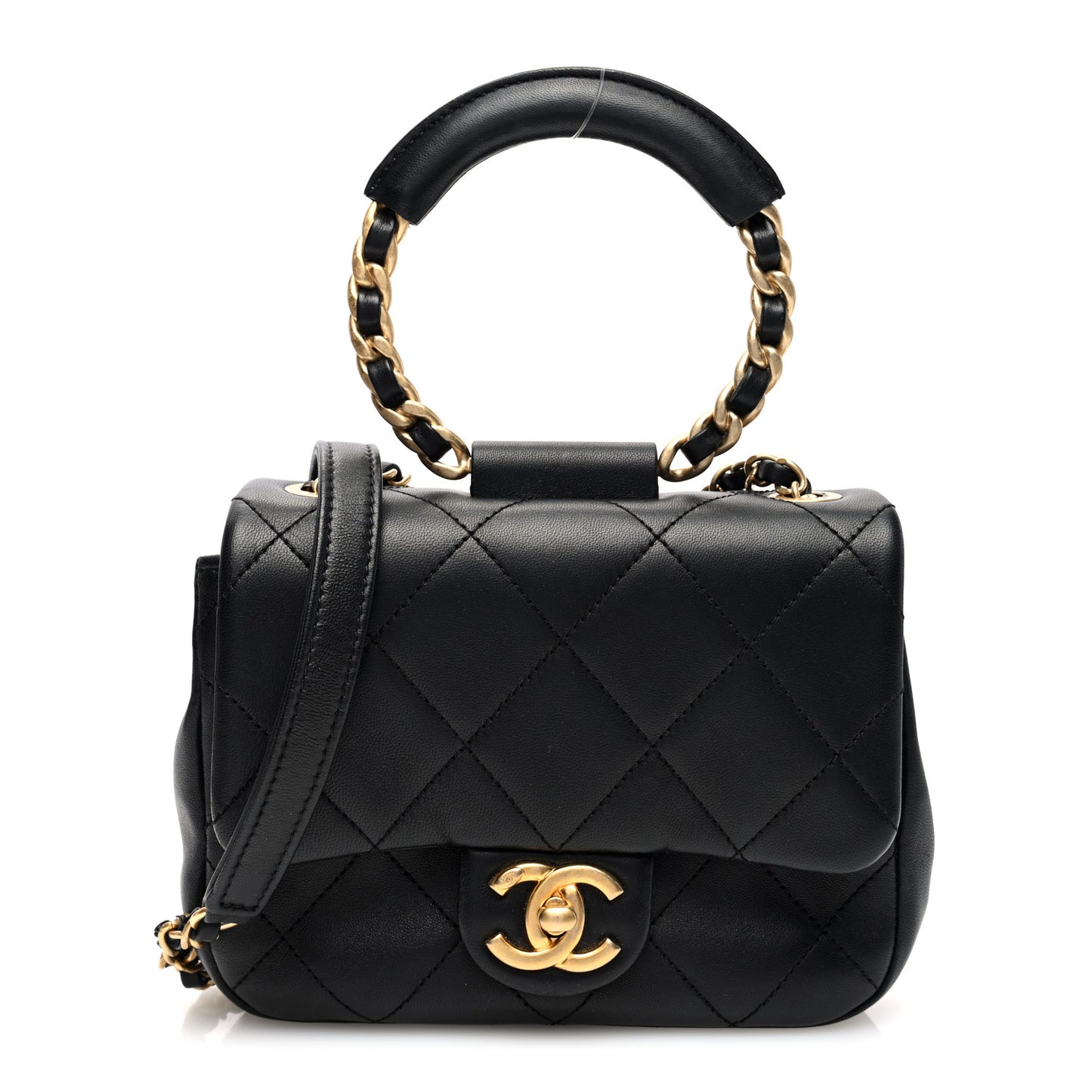 Lambskin Quilted Small Circular Handle Bag Black