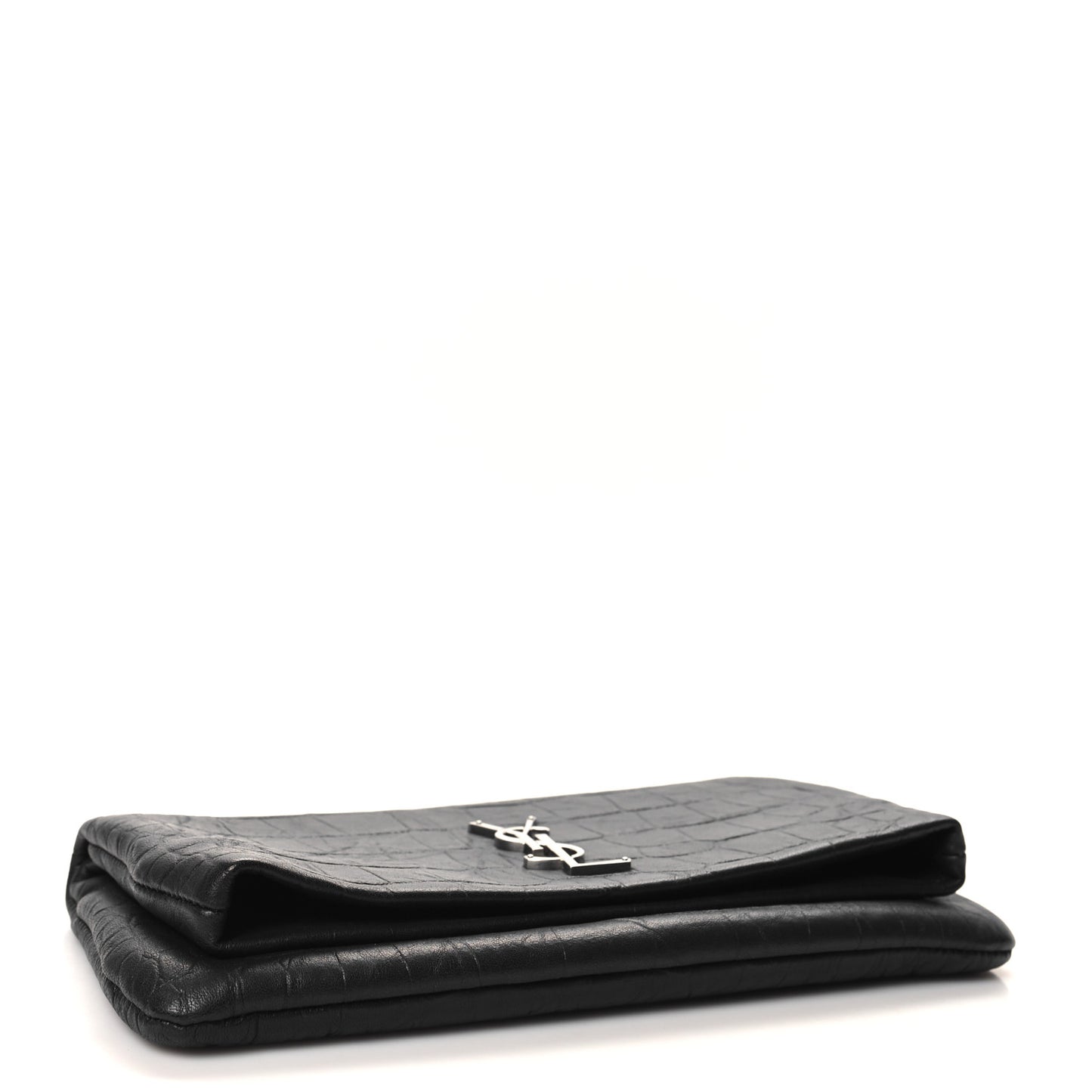 Calfskin Crocodile Embossed West Hollywood Monogram Fold Over Clutch Black