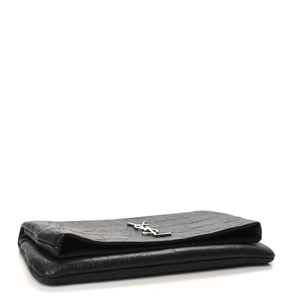 Saint Laurent Calfskin Crocodile Embossed West Hollywood Monogram Fold Over Clutch Black 4 of 10