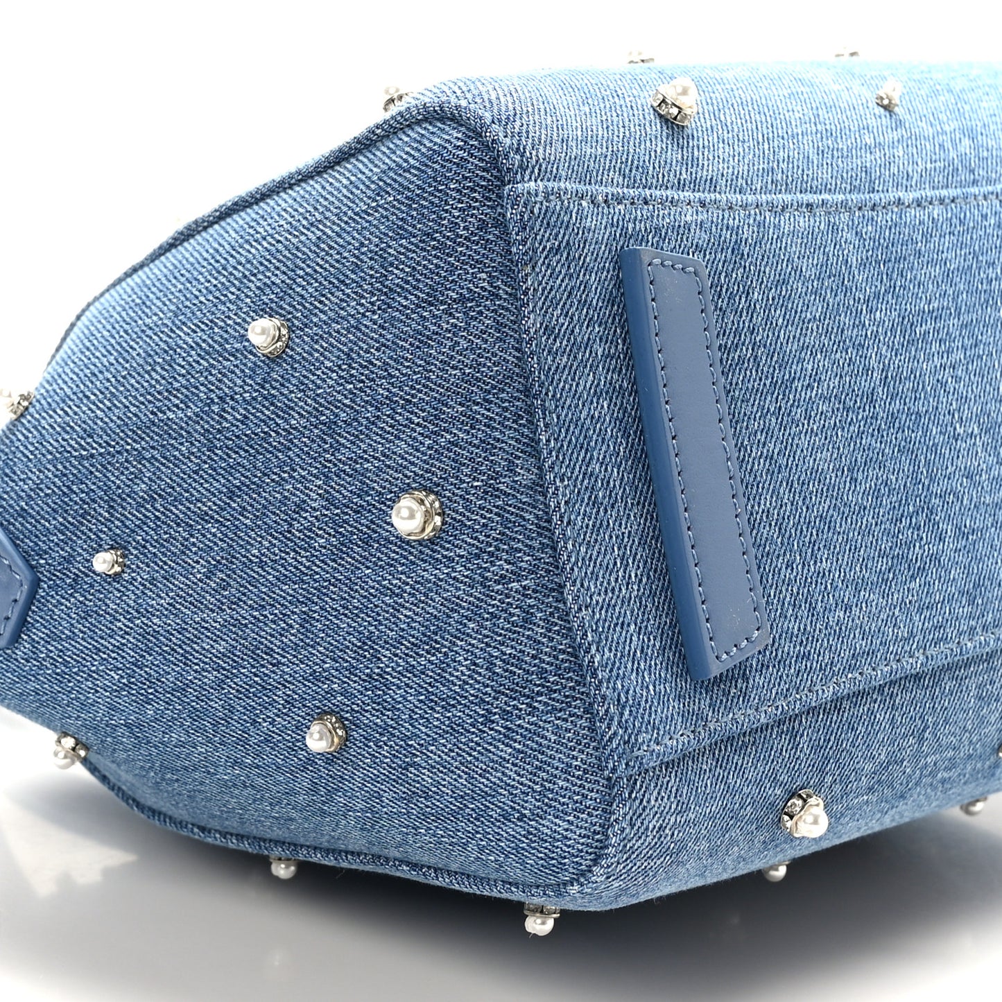 Denim Pearl Embellished Mini Lock Antigona Shoulder Bag Blue