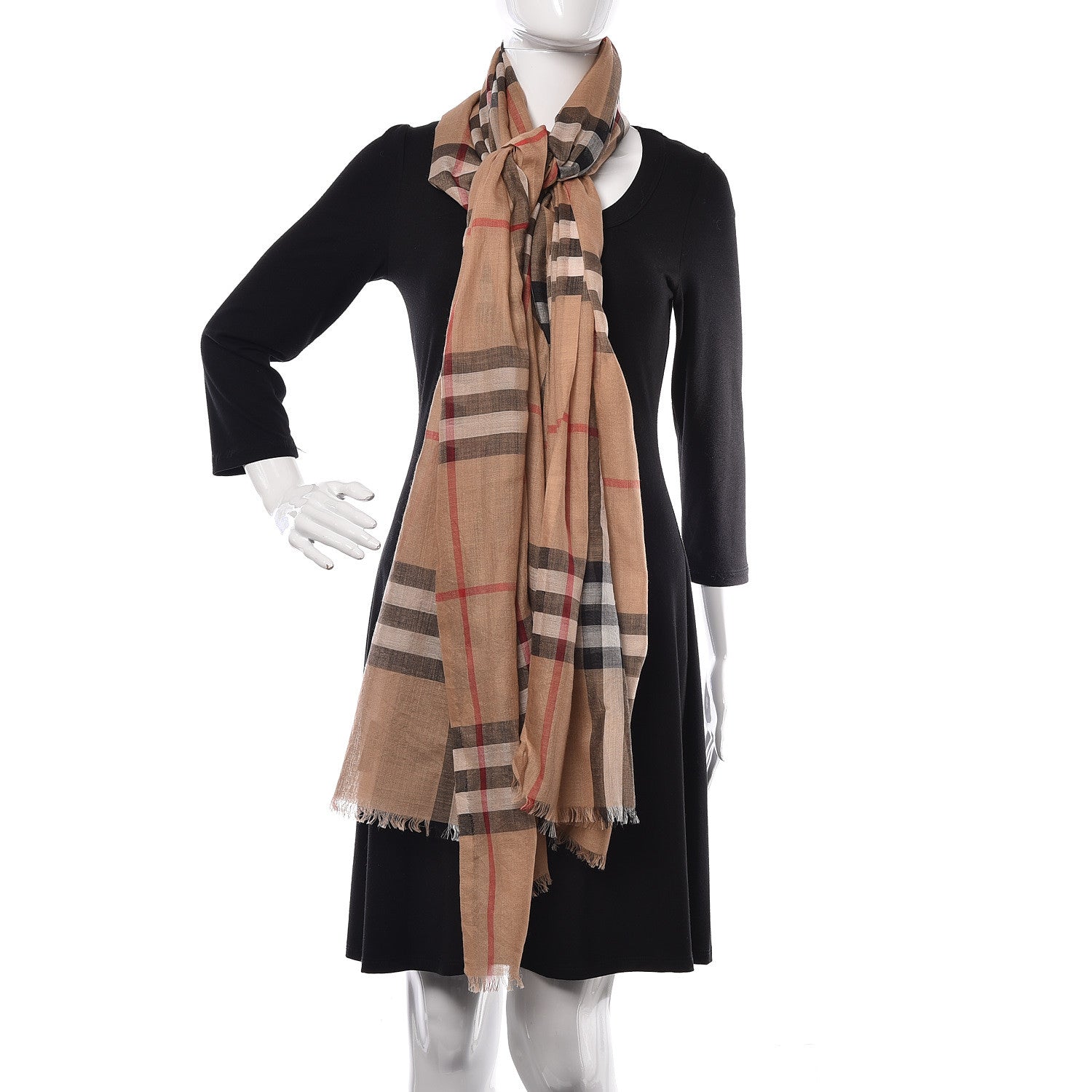 Burberry Wool Silk House Check Lightweight Scarf Camel 2 of 5