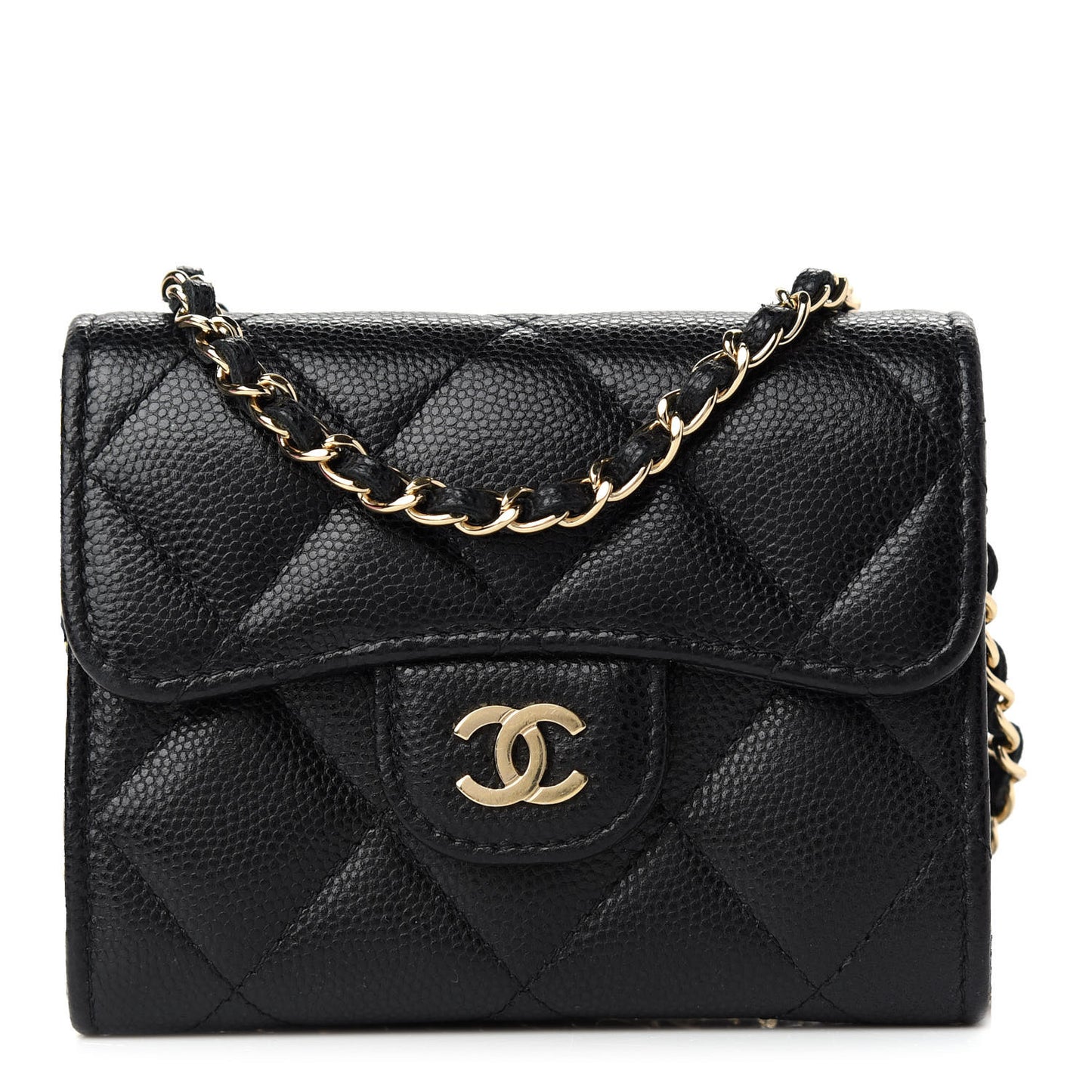 Caviar Quilted Flap Card Holder On Chain Black