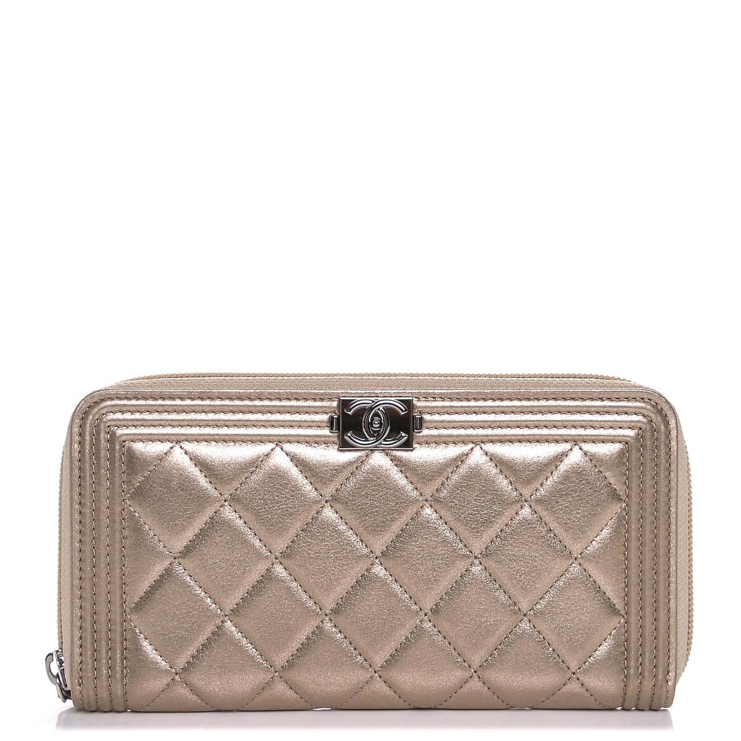 Metallic Calfskin Quilted Boy Zip Around Wallet Gold