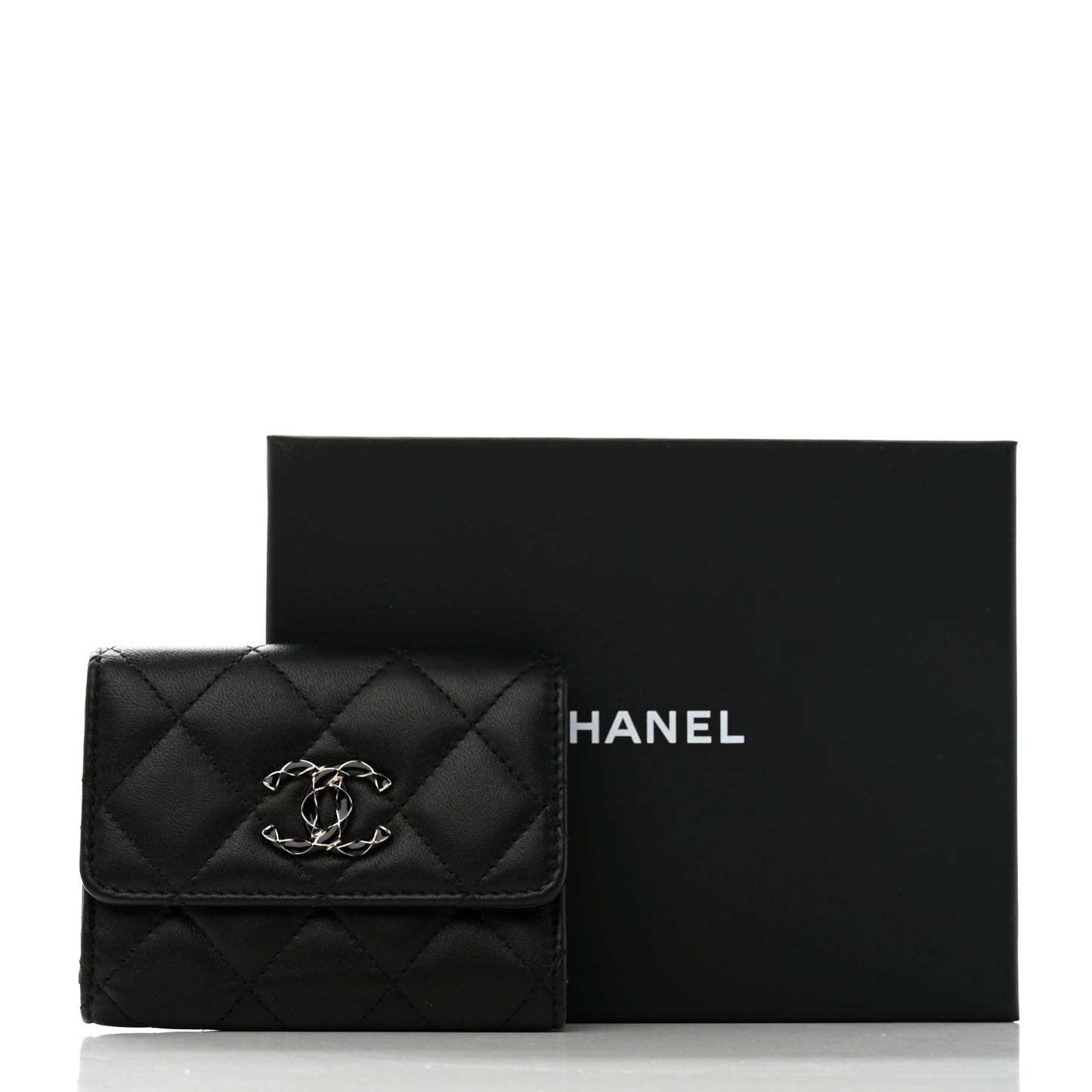 Lambskin Enamel Quilted Compact Flap Wallet Black