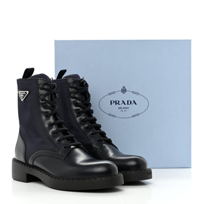 Prada Spazzolato Re-Nylon Metal Triangle Logo Womens 50mm Combat Boots 39.5 Bleu 10 of 10