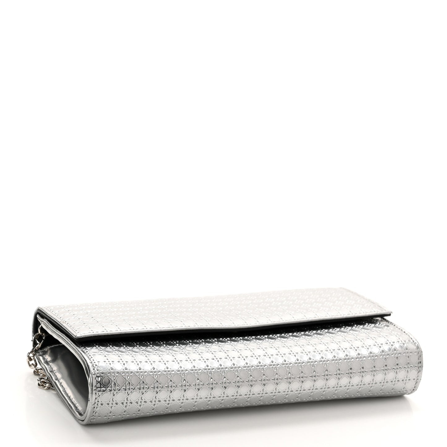 Metallic Patent Micro-Cannage Lady Dior Croisiere Chain Wallet Silver