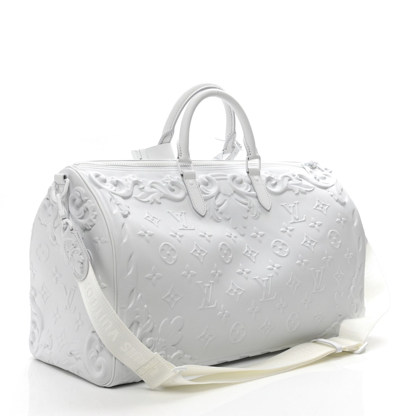 Calfskin LV Ornament Keepall 50 Bandouliere  Optic White