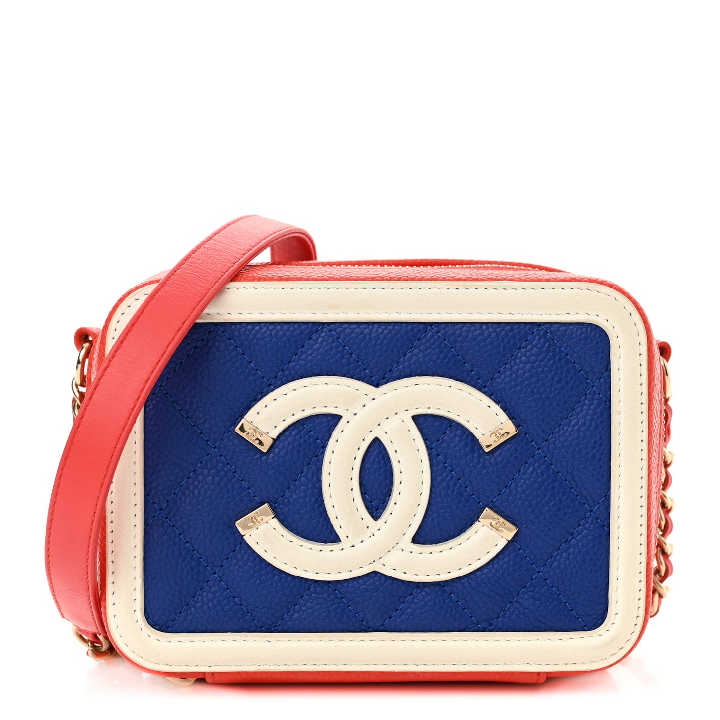 Caviar Quilted Filigree Vanity Clutch With Chain Blue White Red