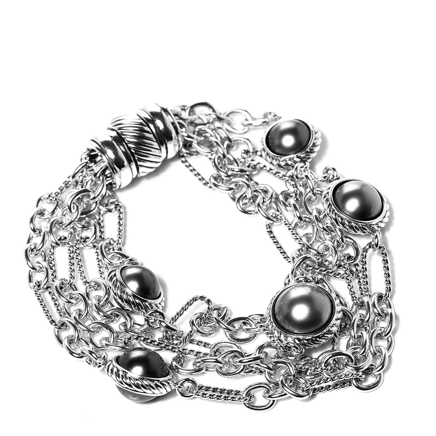 Sterling Silver Tahitian Pearl Four Row Figaro Bracelet