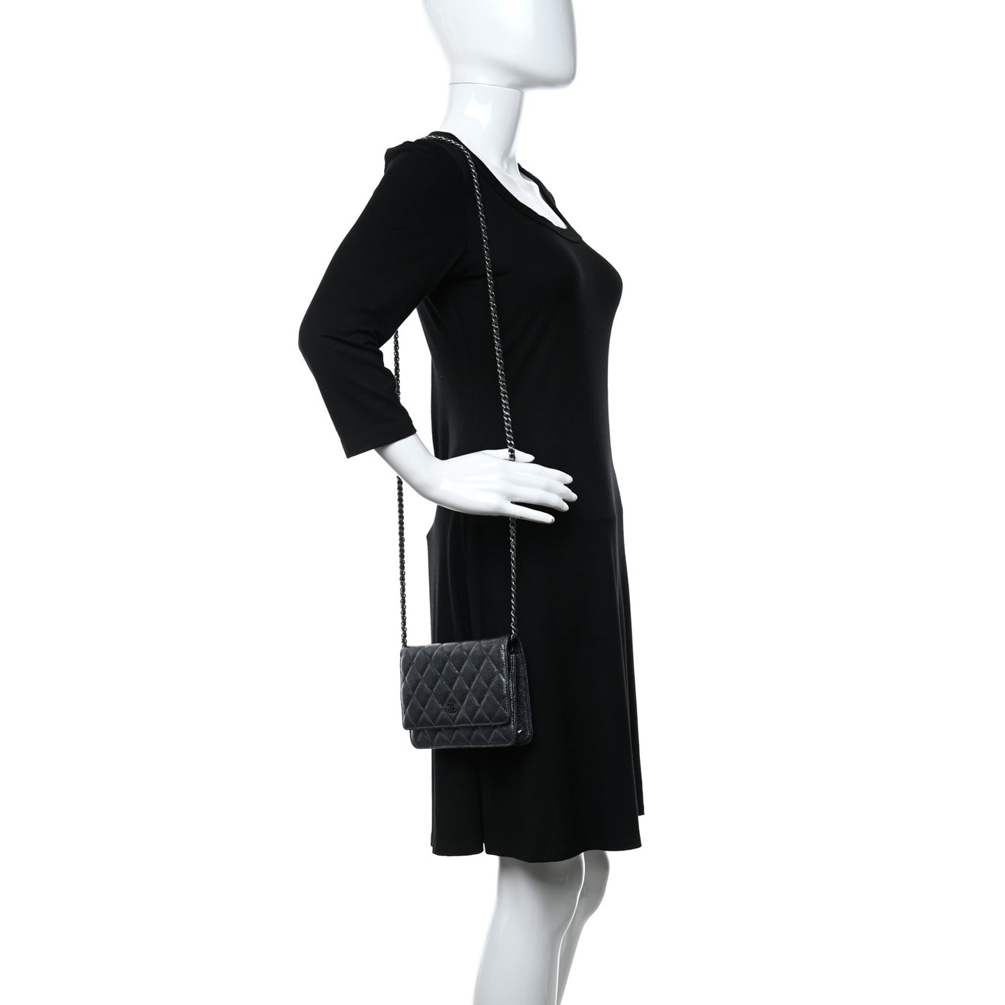 Metallic Caviar Quilted Wallet On Chain WOC Charcoal