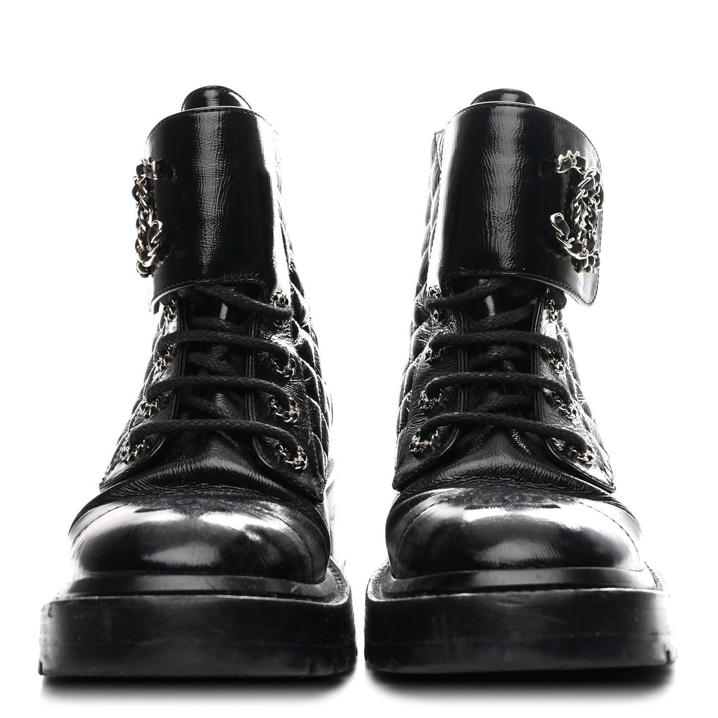 Shiny Goatskin Calfskin Quilted Lace Up Combat Boots 37 Black