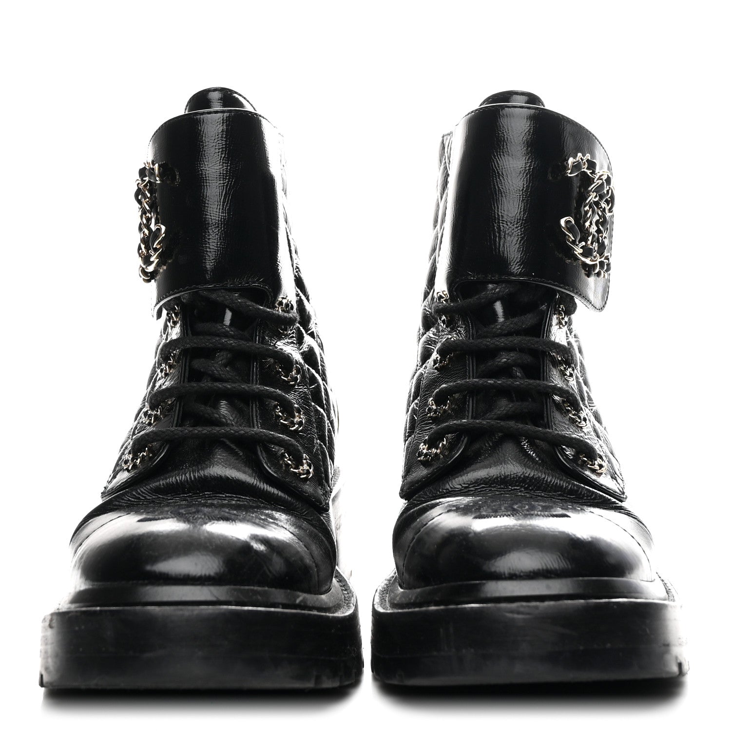 Chanel Shiny Goatskin Calfskin Quilted Lace Up Combat Boots 37 Black 3 of 11