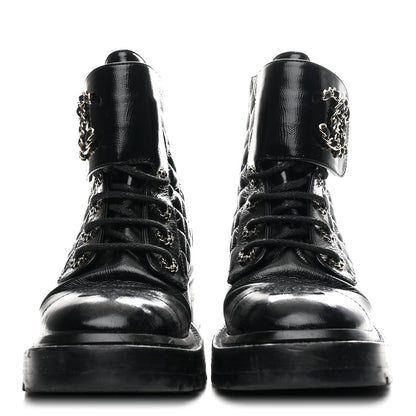 Chanel Shiny Goatskin Calfskin Quilted Lace Up Combat Boots 37 Black 3 of 11