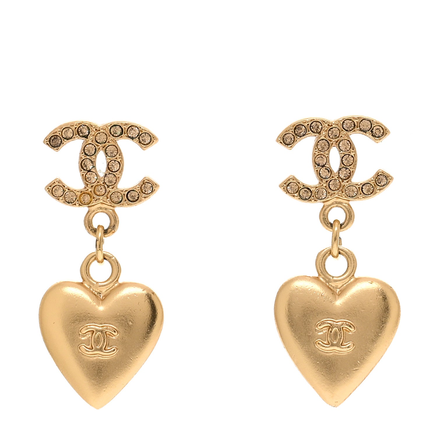 Chanel Metal Crystal CC Heart Drop Earrings Gold 1 of 4
