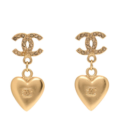 Chanel Metal Crystal CC Heart Drop Earrings Gold 1 of 4