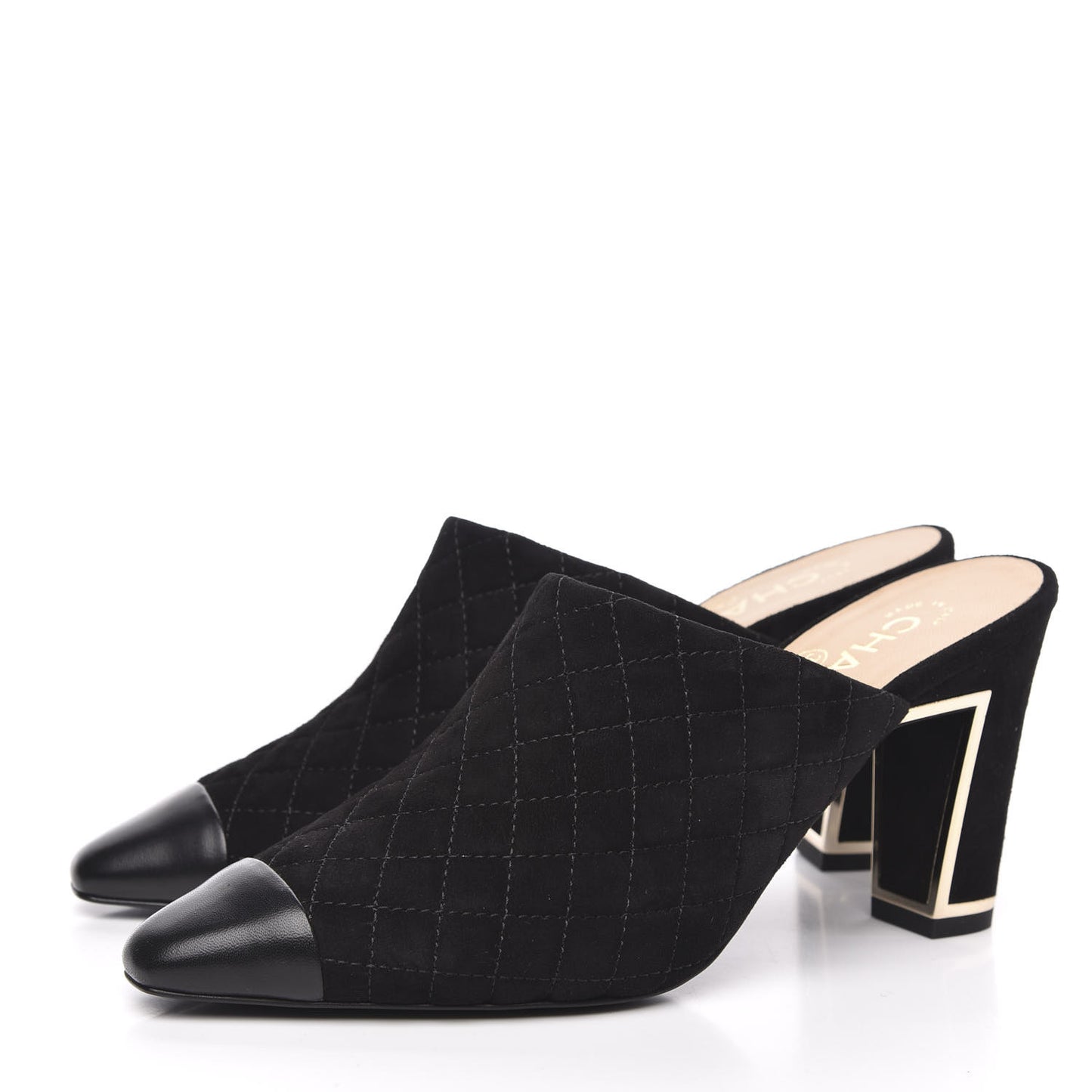 Suede Lambskin Quilted Cap Toe Mules 38 Black
