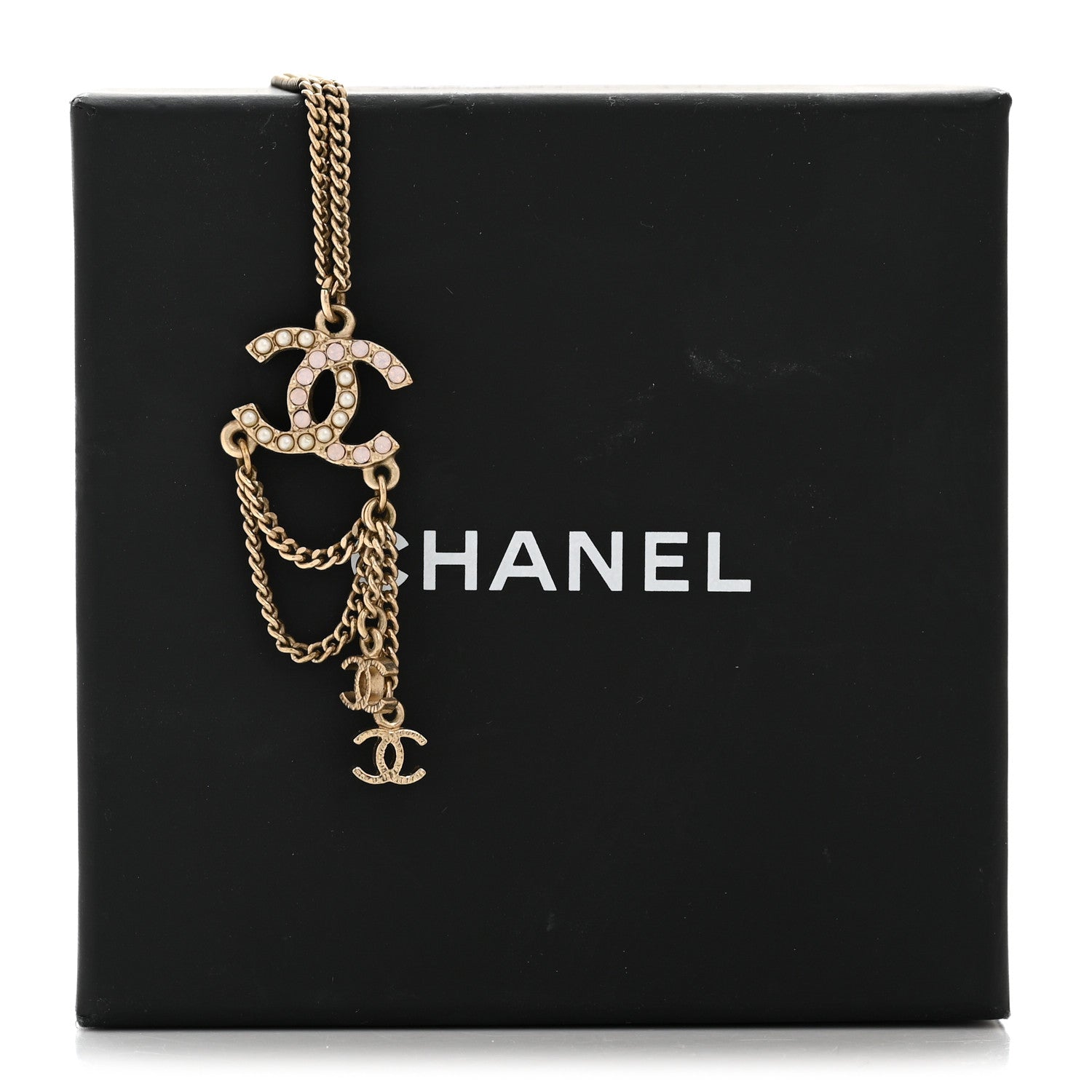Chanel Pearl Crystal CC Chain Necklace Gold Pink 6 of 6