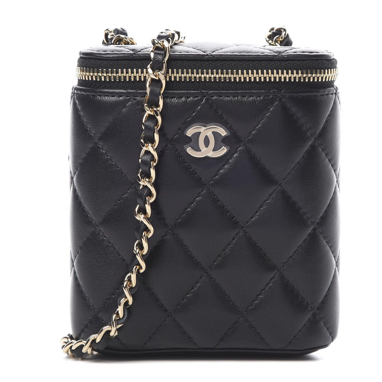 Lambskin Quilted Small Vertical Coco Beauty Vanity Case With Chain Black