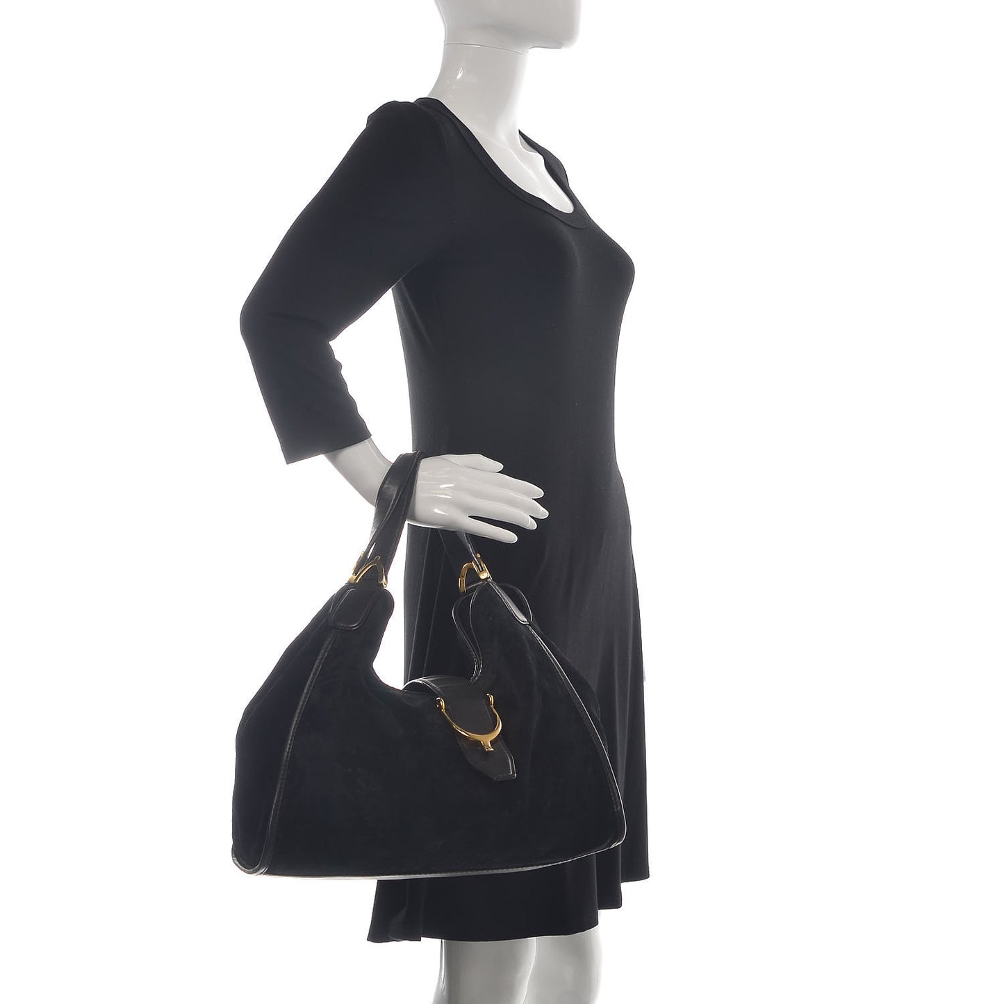 Nubuck Brocade Medium Soft Stirrup Shoulder Bag Black