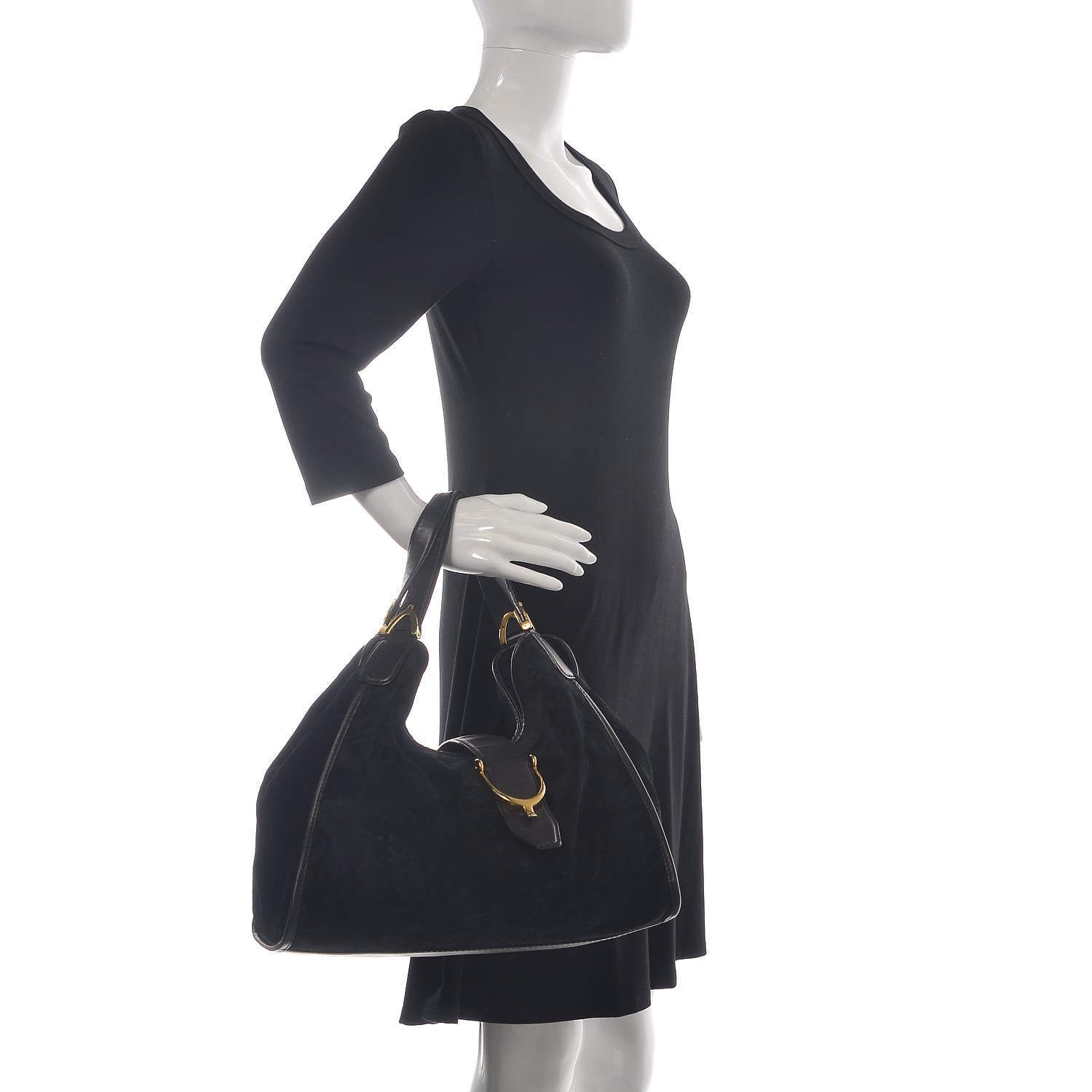 Gucci Nubuck Brocade Medium Soft Stirrup Shoulder Bag Black 2 of 18