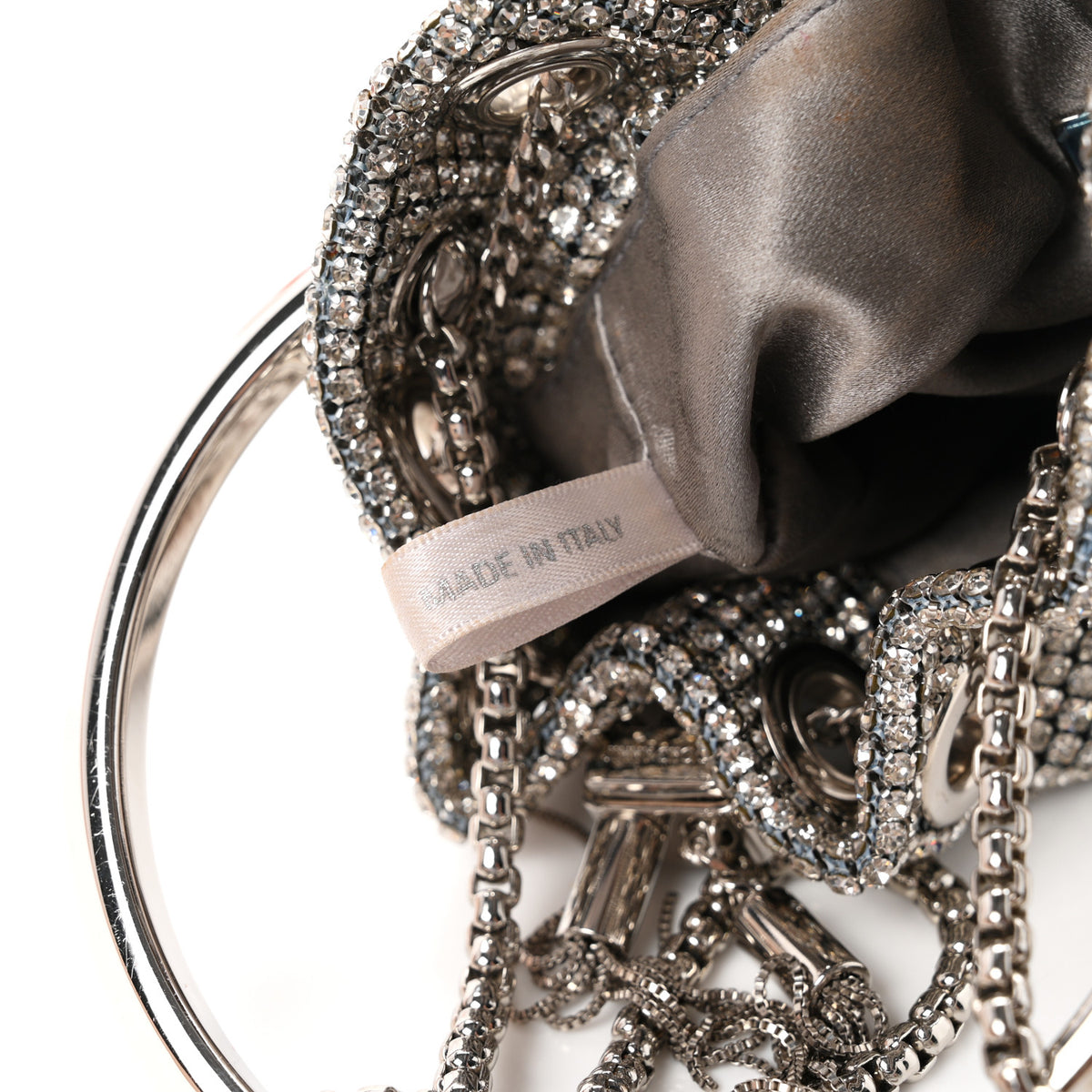 Satin Crystal Embellished Micro Bon Bon Bag Silver
