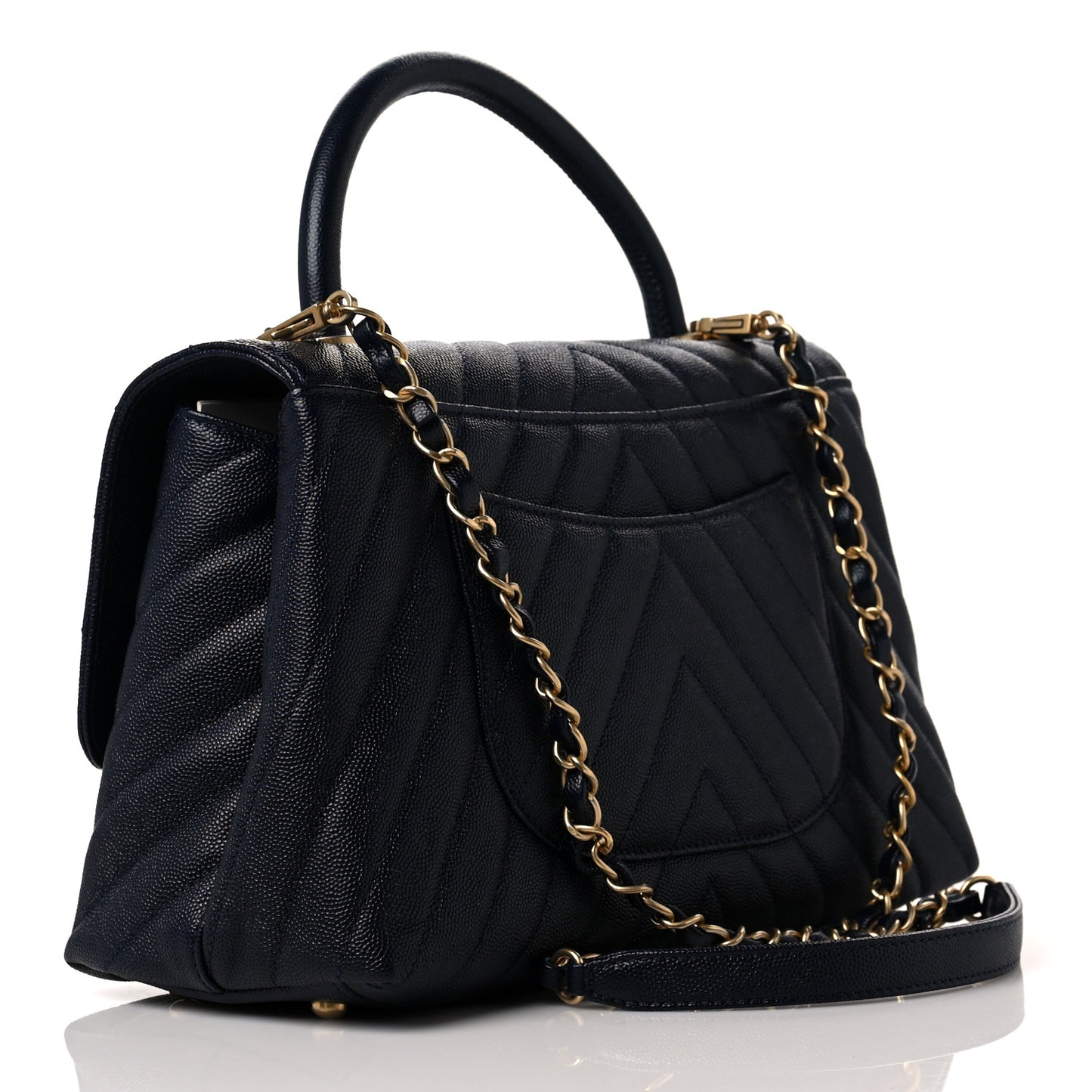 Caviar Chevron Quilted Small Coco Handle Flap Navy