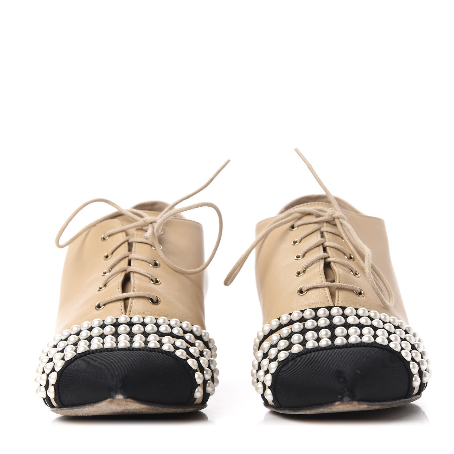 Chanel Goatskin Grosgrain Pearl Cap Toe Lace Up Oxfords 37.5 Beige Black 2 of 13