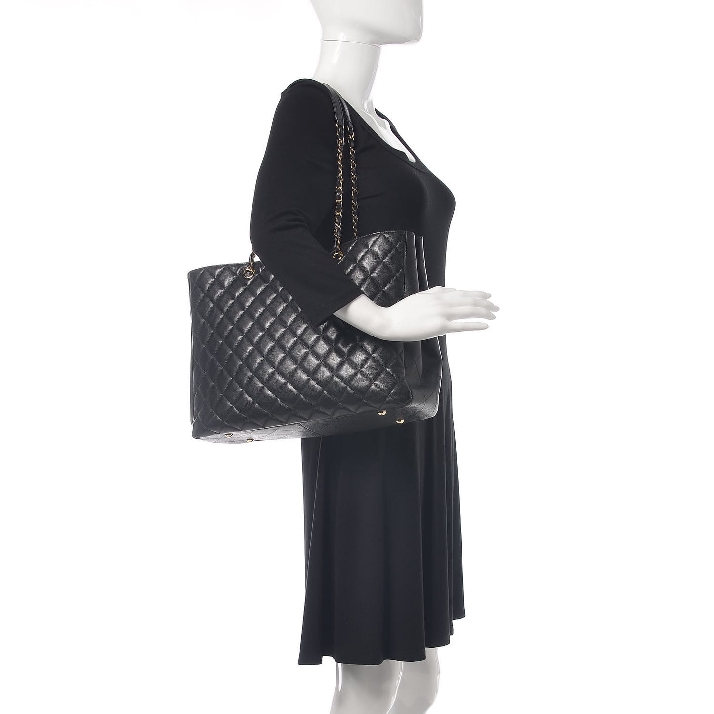 Caviar Quilted Large Classic Shopping Tote Black