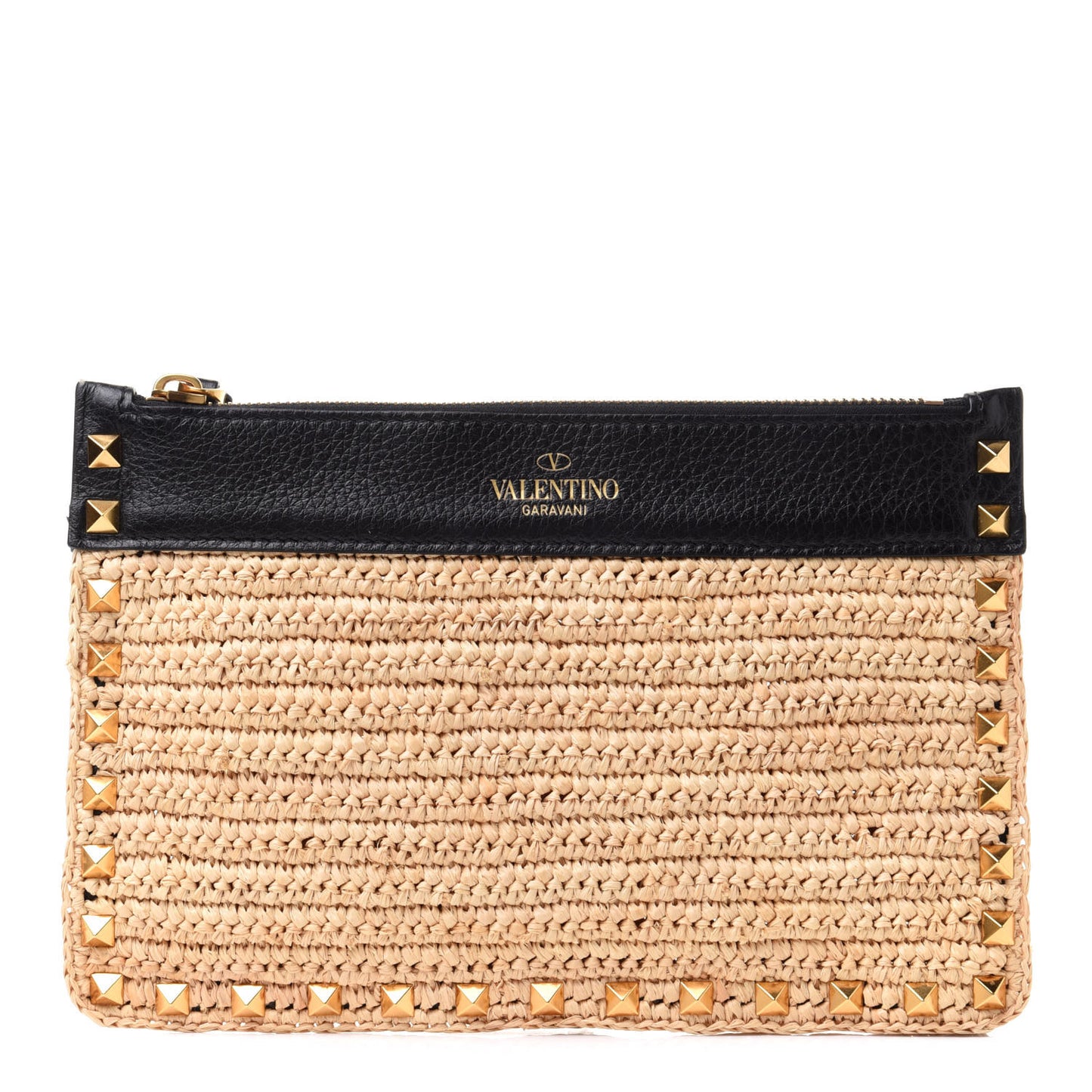 Raffia Calfskin Small Rockstud Zip Pouch Naturale Black