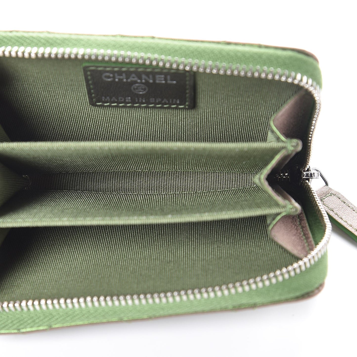 Metallic Lambskin Quilted Zip Around Coin Purse Wallet Green