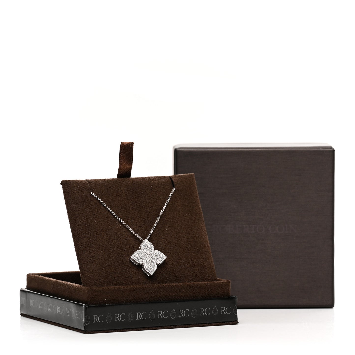 18K White Gold Diamond Large Venetian Princess Flower Pendant Necklace
