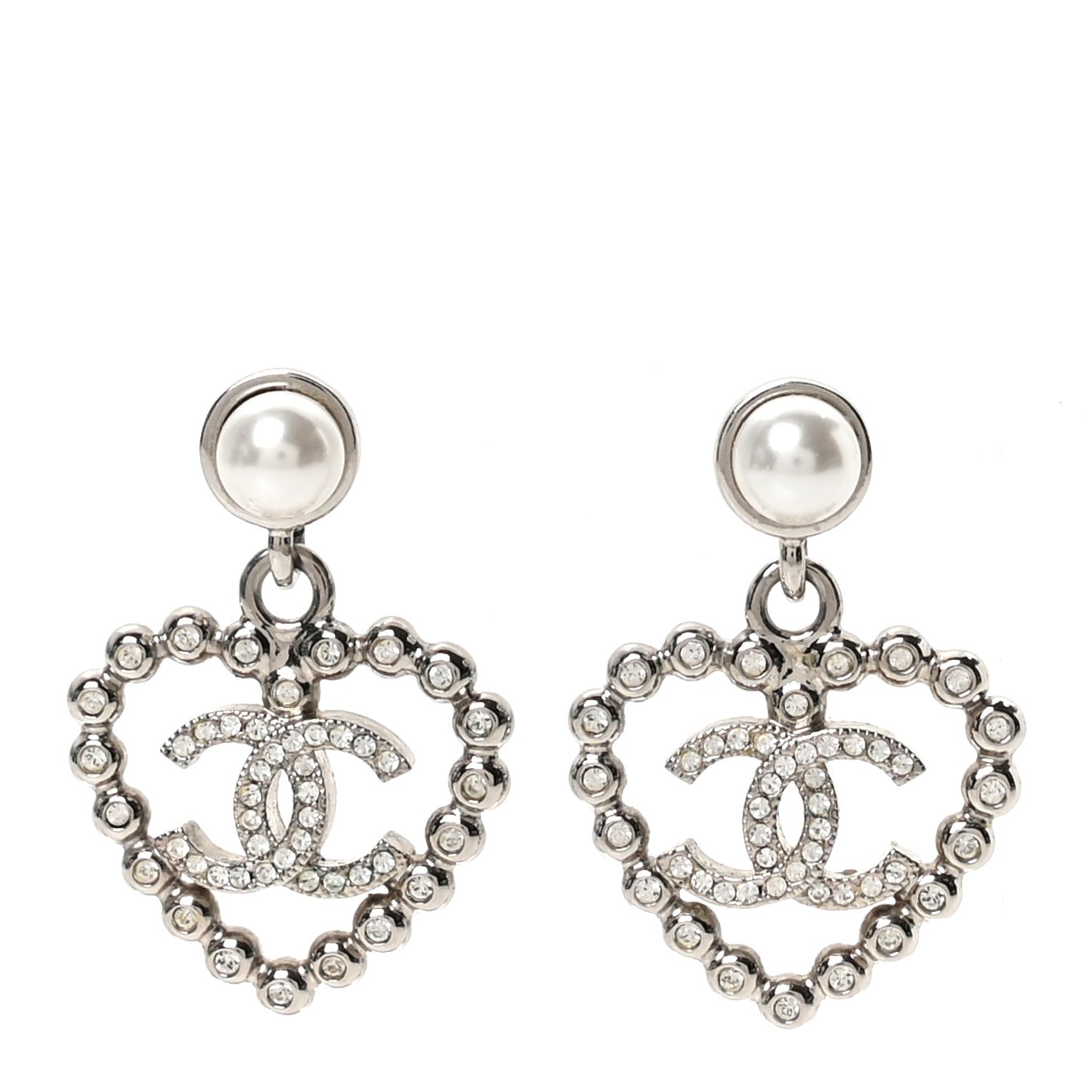 Pearl Crystal CC Heart Drop Earrings Silver