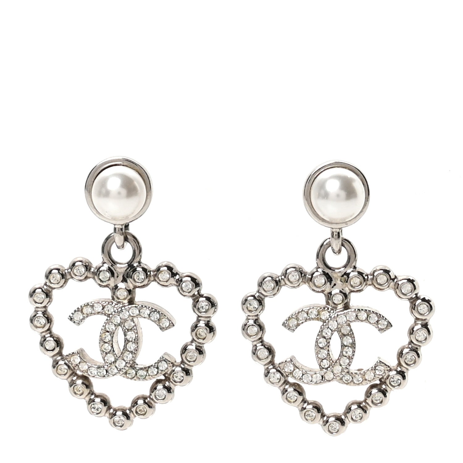 Chanel Pearl Crystal CC Heart Drop Earrings Silver 1 of 5