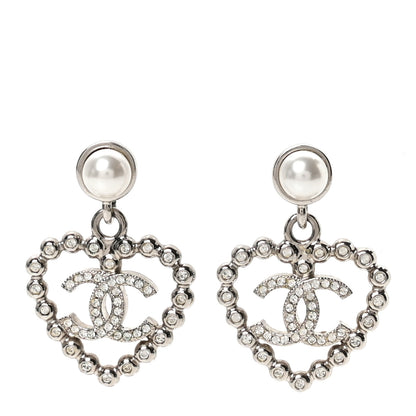 Chanel Pearl Crystal CC Heart Drop Earrings Silver 1 of 5