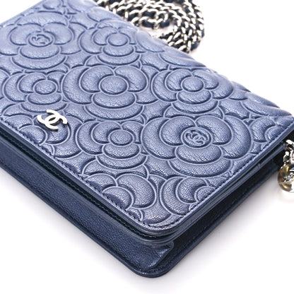 Chanel Goatskin Camellia Embossed Wallet On Chain WOC Blue 11 of 11