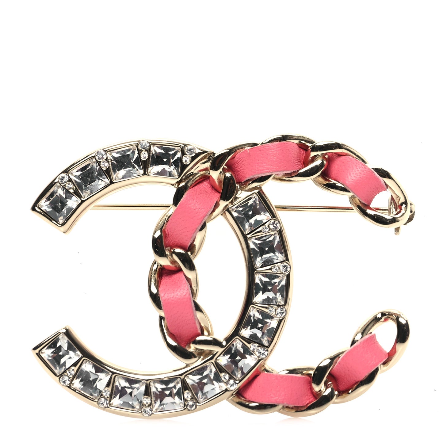 Lambskin Baguette Crystal CC Chain Brooch Pink Gold
