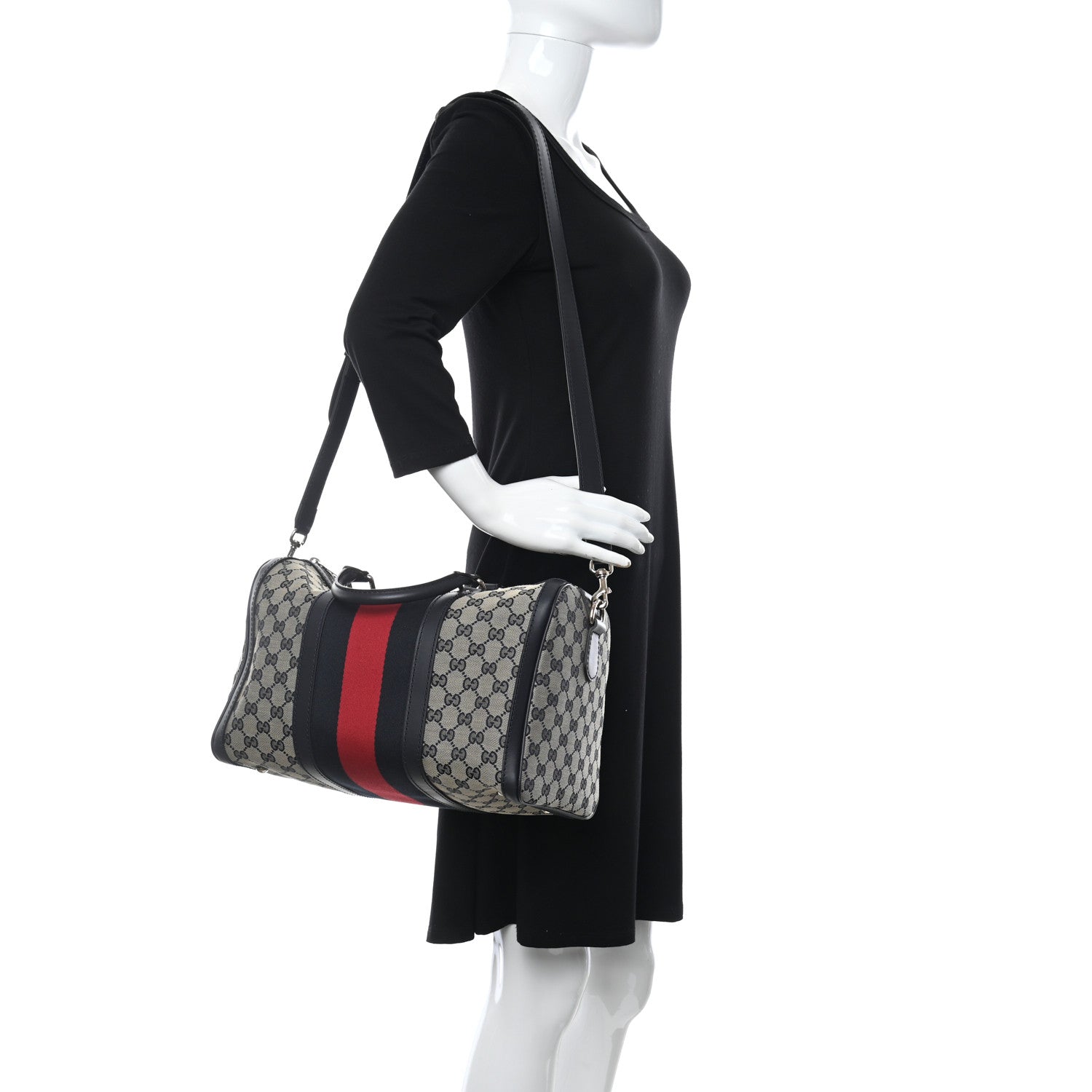 Gucci Monogram Selleria Calfskin Vintage Web Medium Boston Beige Blue 2 of 10