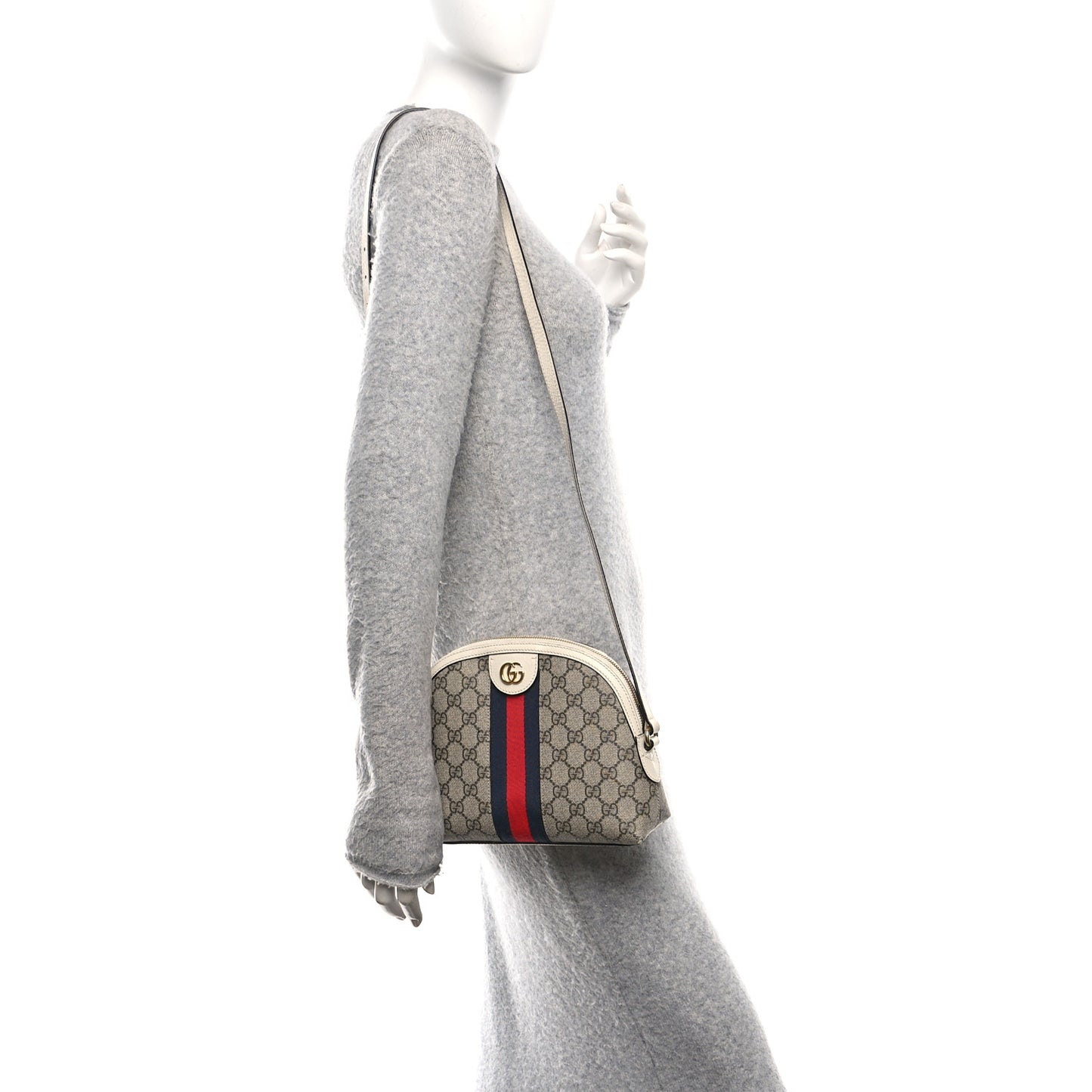 GG Supreme Monogram Textured Dollar Calfskin Web Small Ophidia Dome Shoulder Bag Beige Ebony Mystic White