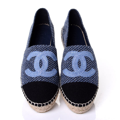 Chanel Cotton Tweed CC Espadrilles 38 Blue Ecru Black 5 of 11