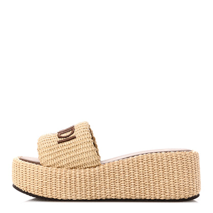 Fendi Straw Vitello Grace Cuoio Logo Womens FF Sunshine Flatform Slide Sandals  38 Natural Brandy 1 of 10