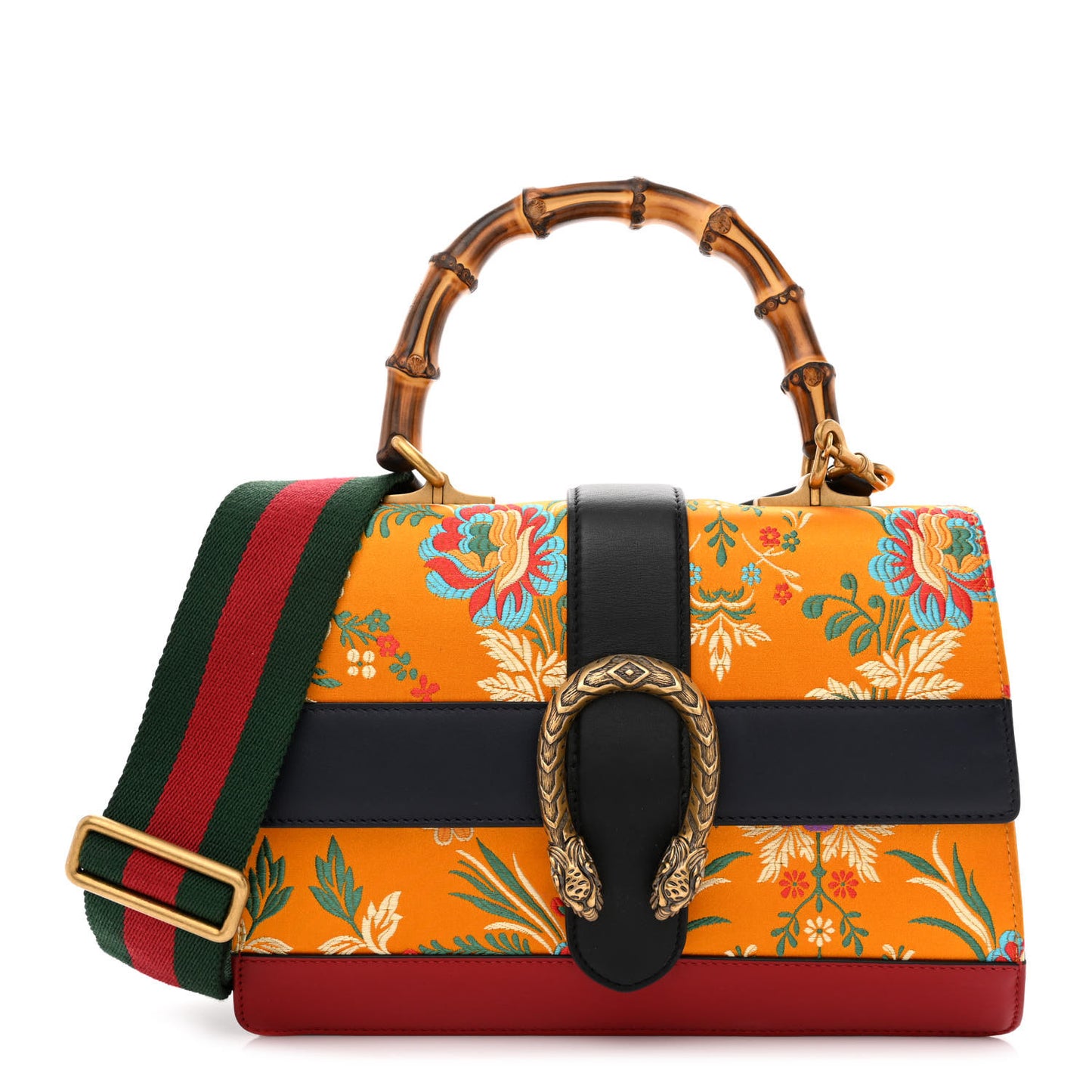 Satin Calfskin Bamboo Web Tokyo Print Medium Dionysus Top Handle Bag Giallo