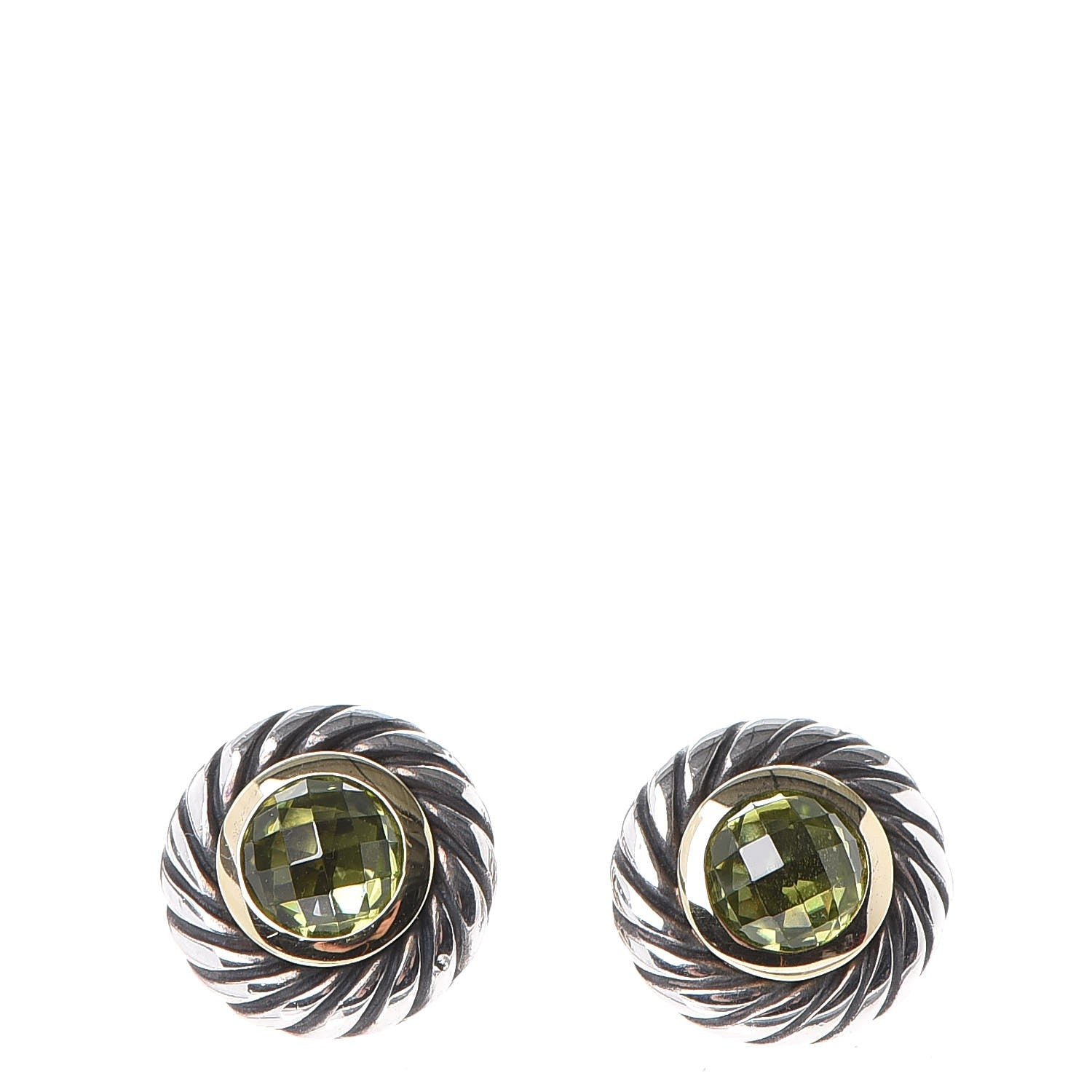 David Yurman Sterling Silver 18K Yellow Gold Peridot 6mm Cookie Cable Earrings 1 of 6