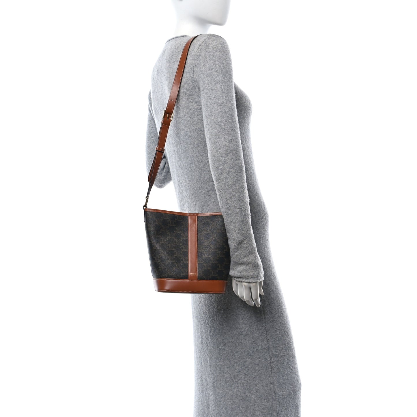 Triomphe Canvas Calfskin Small Bucket Bag Tan