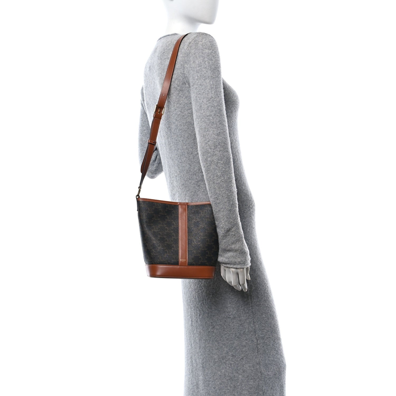 Celine Triomphe Canvas Calfskin Small Bucket Bag Tan 3 of 10
