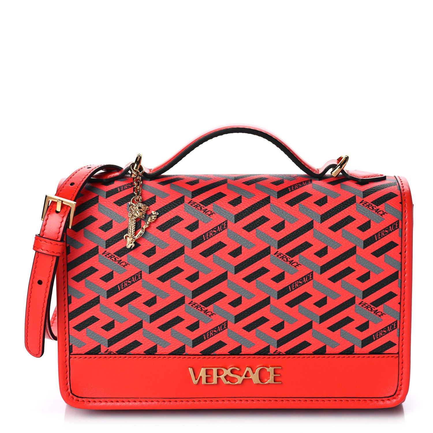 Versace Coated Canvas La Greca Signature Top Handle Bag Blue Red 1 of 8
