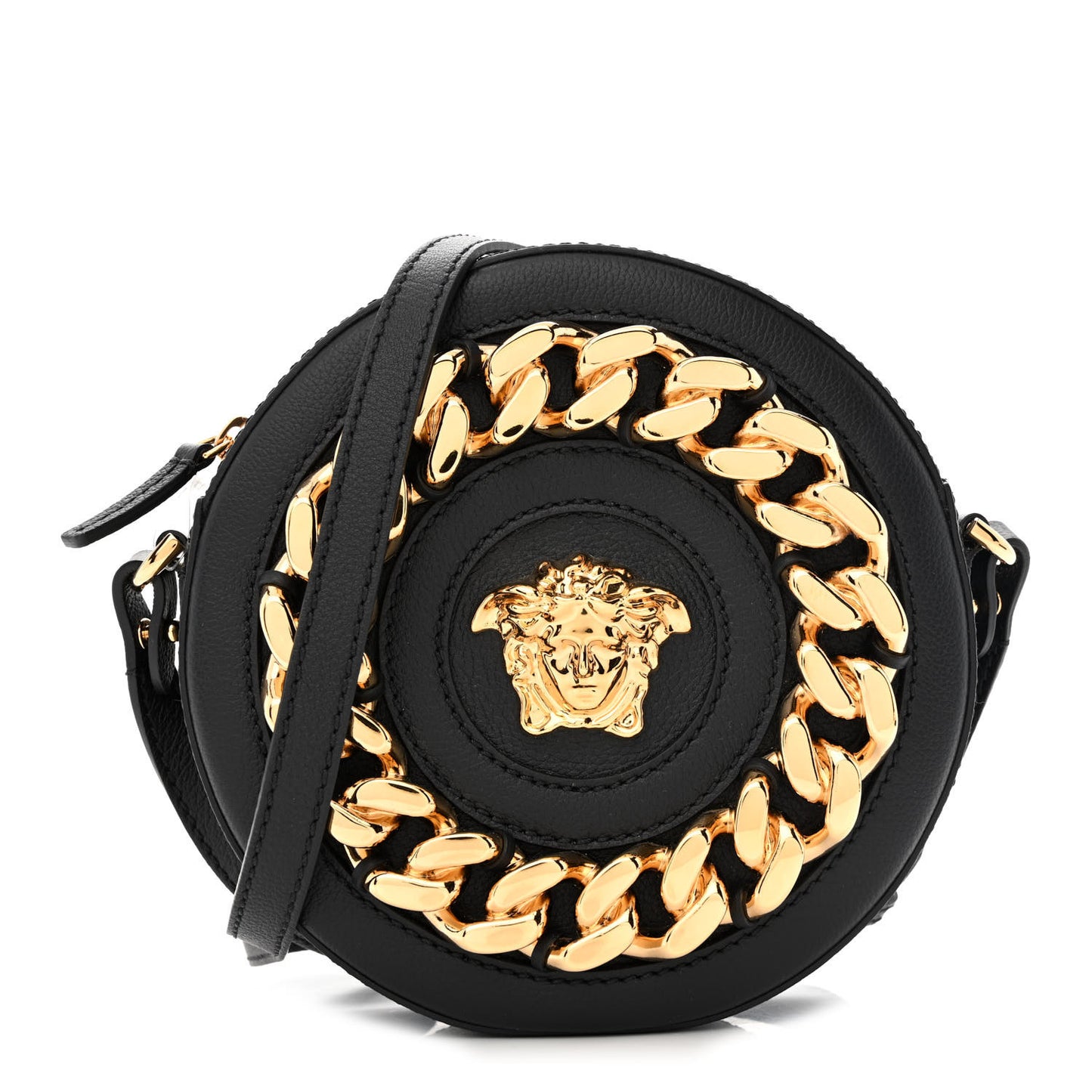 Calfskin Mini La Medusa Chain Round Crossbody Bag Black
