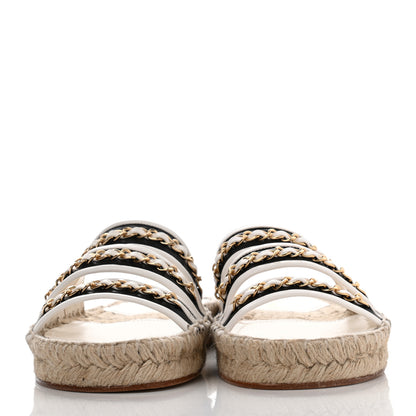Chanel Lambskin Chain Espadrille Slip On Sandals 37 Black White 2 of 8